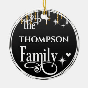 Familienname Gold Glitzer Tropfen Schwarze Weihnac Keramik Ornament