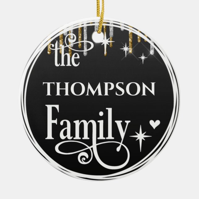 Familienname Gold Glitzer Tropfen Schwarze Weihnac Keramik Ornament (Vorne)