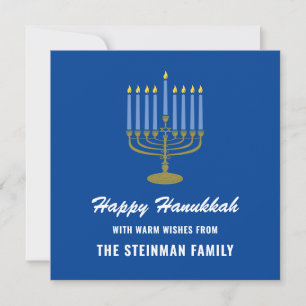 Familienname Happy Hanukkah Menorah White Blue Gol Feiertagskarte