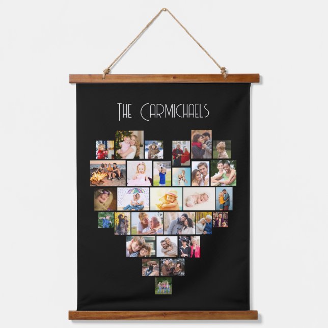 Familienname Herzform Foto Collage 29 Pic Black Wandteppich Mit Holzrahmen (Vorderseite)