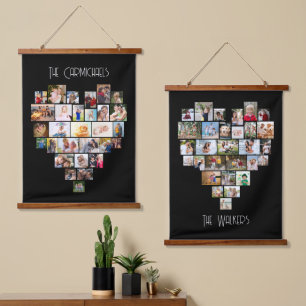 Familienname Herzform-Fotocollage 58 Bilder Schwar Wandteppich Mit Holzrahmen