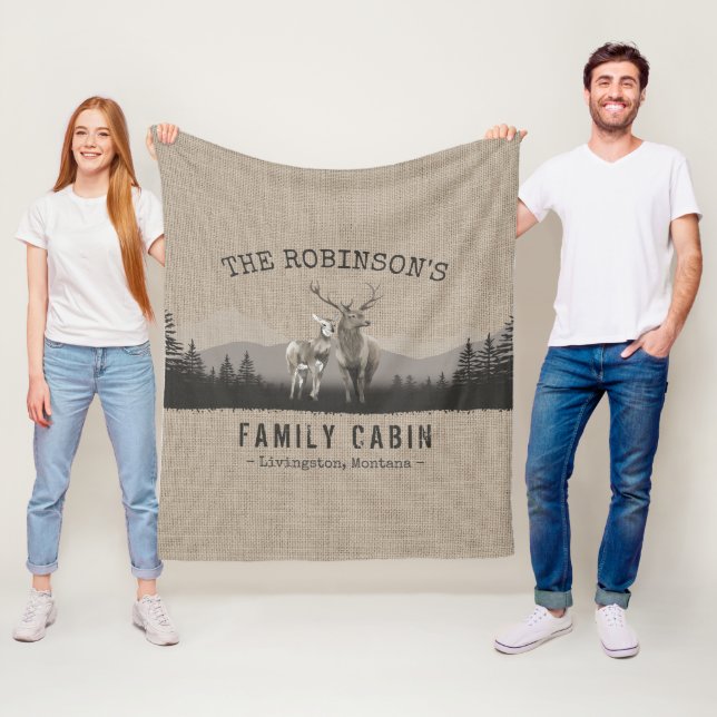 Familienname Hütte Hirsche Kiefernwald Burlap Fleecedecke (Beispiel)