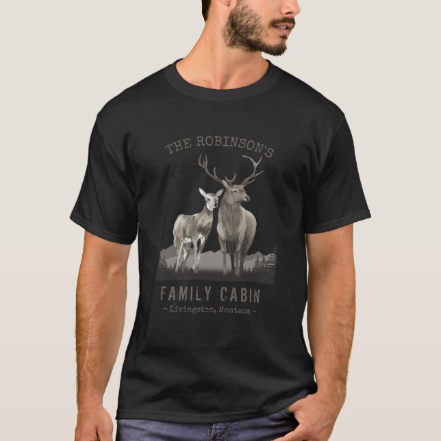 Familienname Hütte Hirsche Kiefernwald Schwarz T-Shirt (Vorderseite)