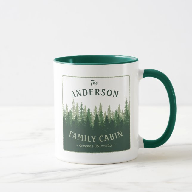 Familienname Kabine Lage Pine Tree Forest Tasse (Rechts)