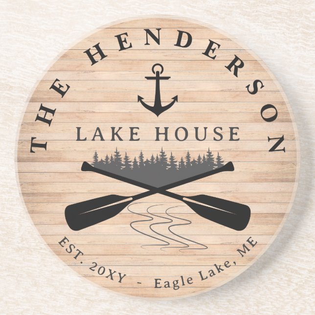 Familienname Lake House Pine Trewood Personalisier Getränkeuntersetzer (Vorne)