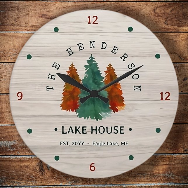 Familienname Lake House Pine Trewood Personalisier Große Wanduhr (Von Creator hochgeladen)