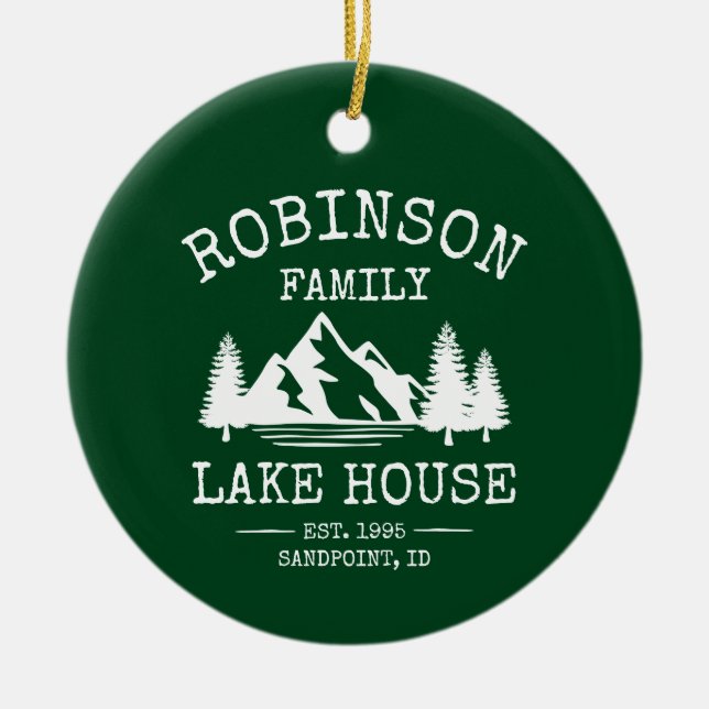 Familienname Lake House Trees Forest Green Keramik Ornament (Vorne)