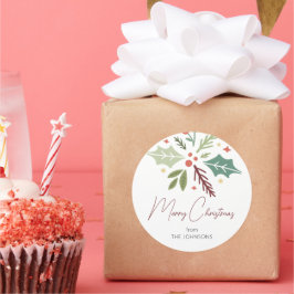 Familienname Merry Christmas Berry Foliage Script Runder Aufkleber