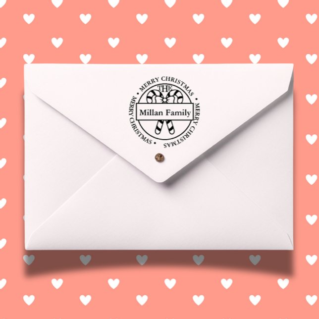 Familienname Merry Christmas Candy Sticks Thema Permastempel (Personalize your holiday cards and gifts with a Family Name Merry Christmas Candy Sticks )