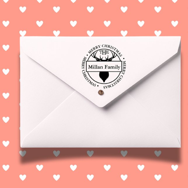 Familienname Merry Christmas Rentier Thema Permastempel (Personalize your holiday cards with a Family Name Merry Christmas Reindeer self-inking stamp.  )