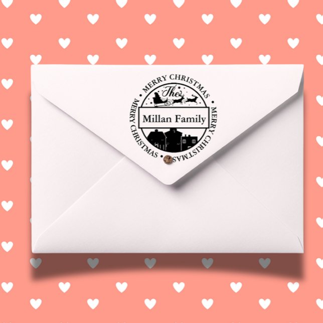Familienname Merry Christmas Weihnachtsthema Permastempel (Personalize your holiday cards with a Merry Christmas Santa self-inking stamp )