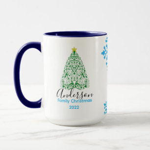 Familienname Moderner Weihnachtsbaum & glitzernder Tasse