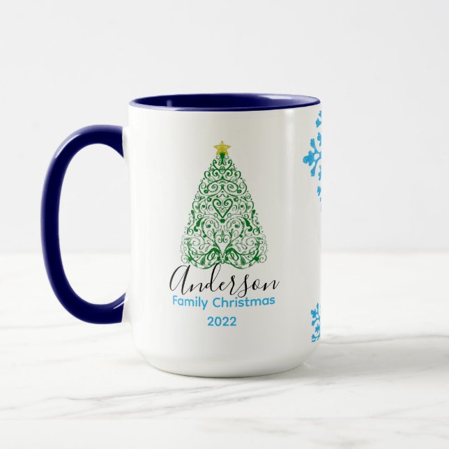 Familienname Moderner Weihnachtsbaum & glitzernder Tasse (Links)