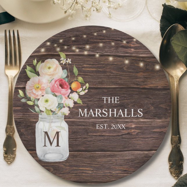 Familienname-Monogramm-Blumen-Mason-Glas Rustikal Pappteller (Von Creator hochgeladen)