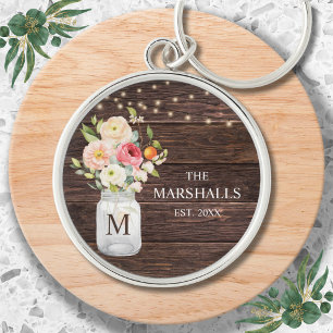 Familienname-Monogramm-Blumen-Mason-Glas Rustikal Schlüsselanhänger