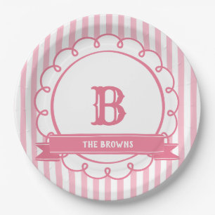 Familienname Monogramm Pink Candy Stripe Pappteller