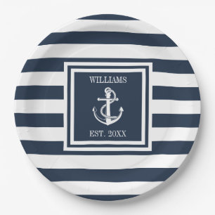 Familienname Nautical Anchor Boat Navy Blue Strip Pappteller