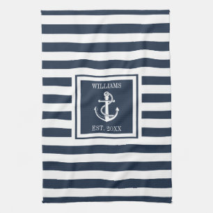 Familienname Navy Blau Streifen Nautischer Anker B Geschirrtuch