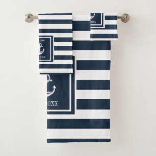 Familienname Navy Blue Stripe Nautical Boat Anker Badhandtuch Set