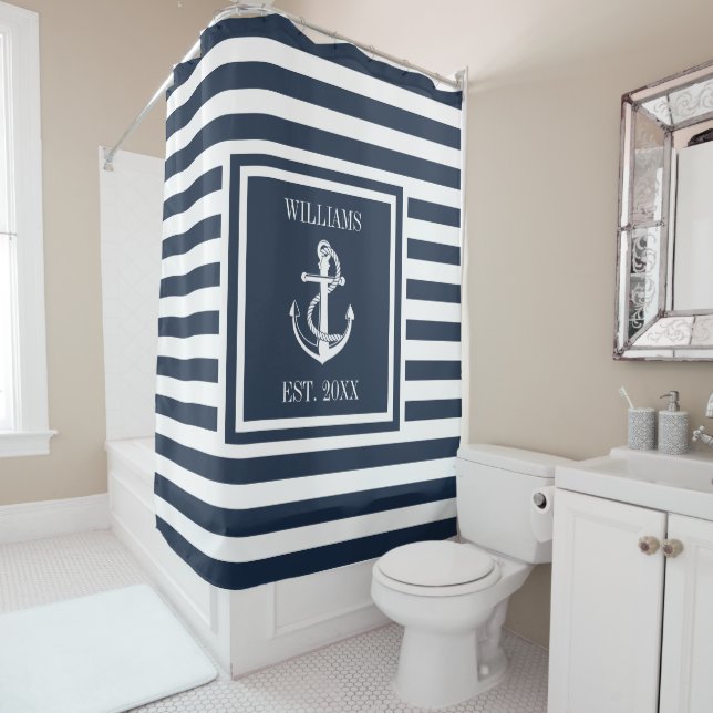 Familienname Navy Blue Striping Nautical Boat Anch Duschvorhang (Beispiel)