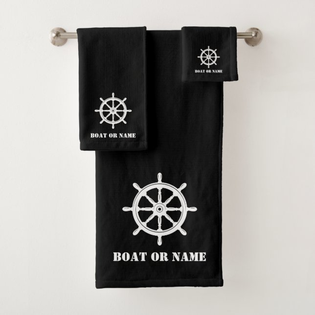 Familienname oder Schiffsrad Helm Black Badhandtuch Set (Insitu)