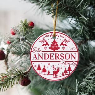 Familienname Red and White Classic Custom Christma Keramik Ornament