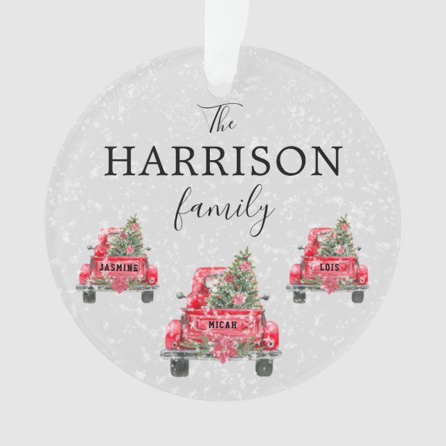Familienname Red Truck Weihnachten Acrylschmuck Ornament (Vorderseite)
