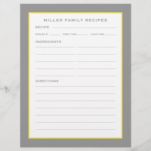 Familienname + Rezepte | Einfach Graugelb & Weiß (Vorderseite)