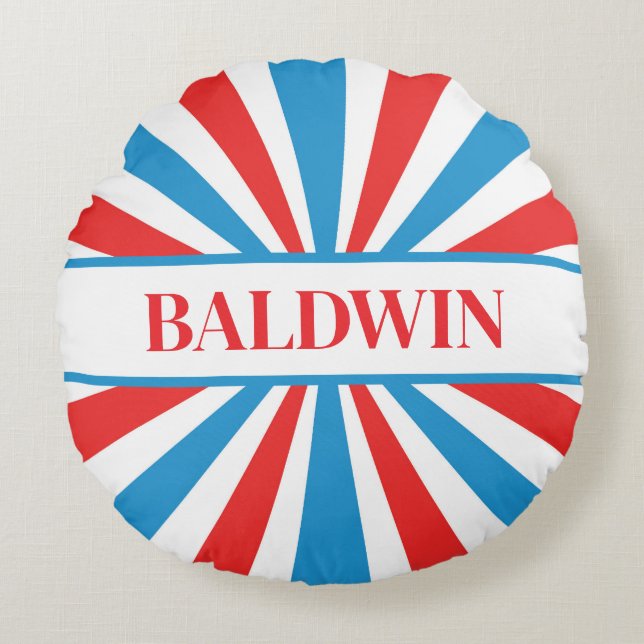 Familienname Rot, Weiß und Blau Sunburst Rundes Kissen (Vorderseite)