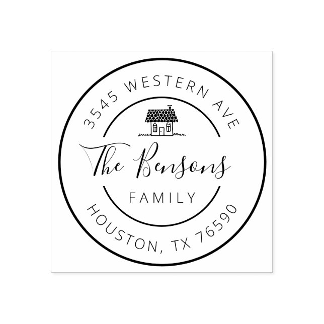 Familienname Rücksendeadresse rund, gemütliche Zuh Gummistempel (Prägung)