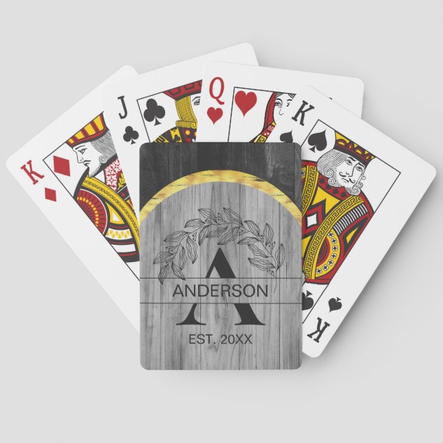 Familienname Rustic Gray Wood Monogram Gold Spielkarten (Rückseite)