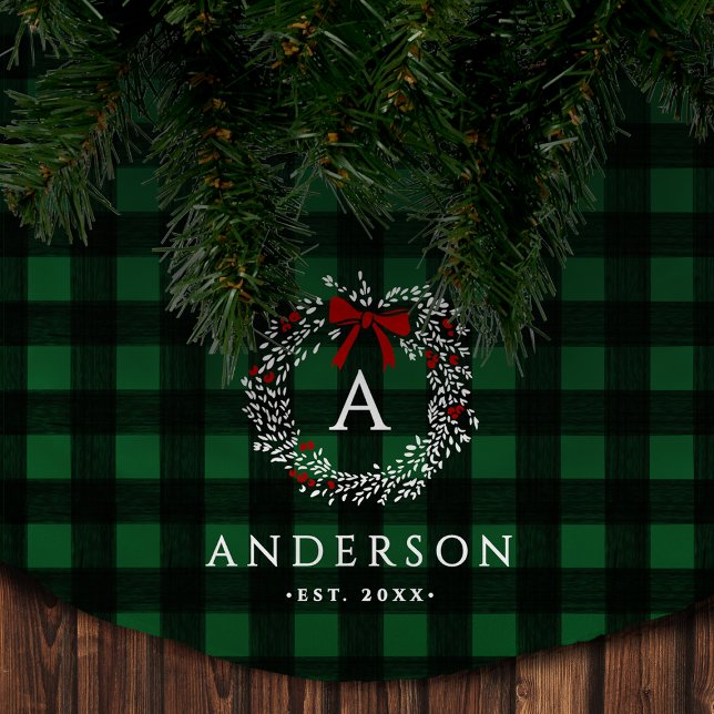 Familienname Rustic Holiday Wreath Buffalo Kariert Polyester Weihnachtsbaumdecke (Von Creator hochgeladen)
