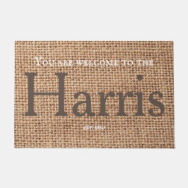 Familienname rustikal braun stylische Text Burlap  Fußmatte