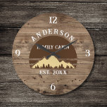 Familienname: Rustikale Retro-Bäume Große Wanduhr<br><div class="desc">Verwandeln Sie Ihre Zuhause in ein gemütliches Refugium mit unserer Familie Cabin Rustic Retro Trees Family Name Large Clock. Dieses charmante Zeitwerk bringt die rustikale Schönheit der großen Freizeit direkt in Ihren Wohnraum. Mit einem Vintag inspirierten Design mit rustikalen Retrobäumen fügt es jedem Zimmer eine Touch Nostalgie hinzu. Personalisieren Sie...</div>