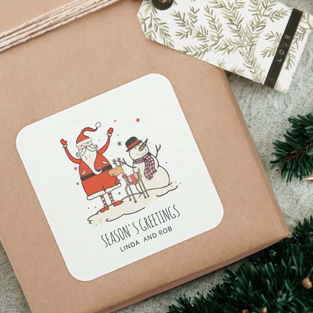 Familienname Santa Snowman Reindeer Christmas Hygg Quadratischer Aufkleber (Von Creator hochgeladen)