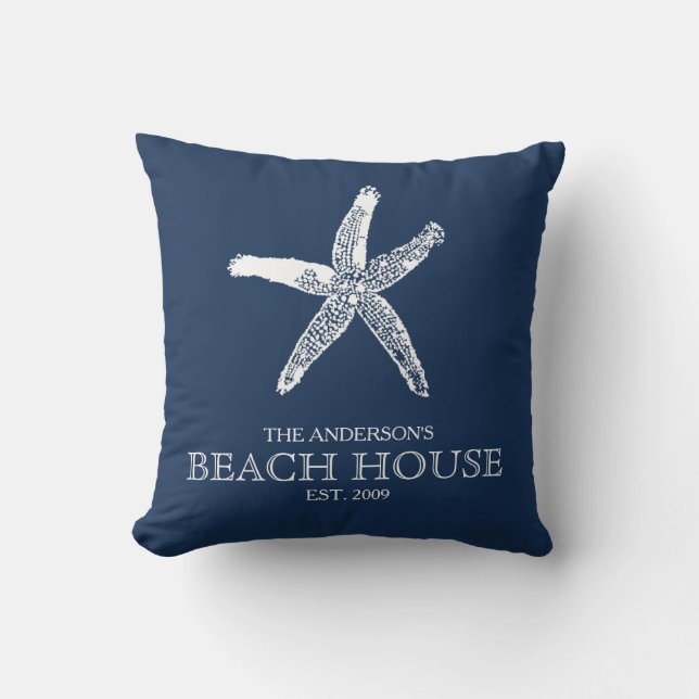 Familienname Starfish Navy Blue Beach House Kissen (Vorderseite)