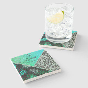 Familienname Tropischer Fern Leopard Glitzer Steinuntersetzer