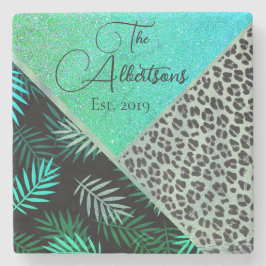 Familienname Tropischer Fern Leopard Glitzer Steinuntersetzer