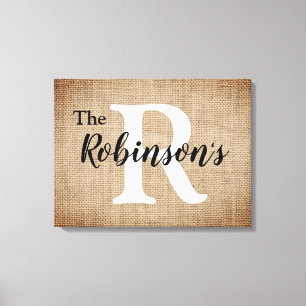 Familienname und anfängliches rustikales Burlap-Bi Leinwanddruck