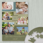 Familienname und Jahr 6 Foto Collage Green Blue Puzzle<br><div class="desc">Individuelles Puzzle mit 6 eigenen Fotos,  Familienname,  Initial und Jahr. Das Design umfasst quadratische Foto und Landschaft Foto auf einem Hintergrund von olivgrün,  Salbei grün und Küstenblau. Das schöne Familiengeschenk mit über 1000 Stücken macht für jeden 9-99-Jährigen eine lustige und lohnende Herausforderung!</div>