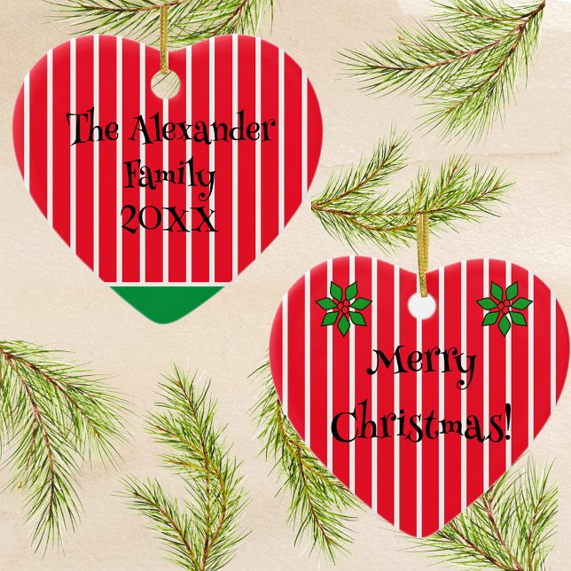 Familienname und Jahr auf roten und weißen Streife Keramik Ornament (Von Creator hochgeladen)