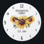 Familienname und Jahr etablierte rustische Sonnenb Große Wanduhr<br><div class="desc">Wasserfarbe Sonnenblumen Illustration von Valarie Wade. Familienname Text und est. Das Datum ist alle anpassbar.</div>