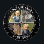 Familienname Vier-Foto-Spielzimmer Dartscheibe<br><div class="desc">Farbiger Hintergrund mit individuelle Name und vier Foto Option in der Mitte des Boards. Andere Farben sind im Shop erhältlich.</div>