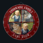 Familienname Vier-Foto-Spielzimmer Dartscheibe<br><div class="desc">Farbiger Hintergrund mit individuelle Name und vier Foto Option in der Mitte des Boards. Andere Farben sind im Shop erhältlich.</div>