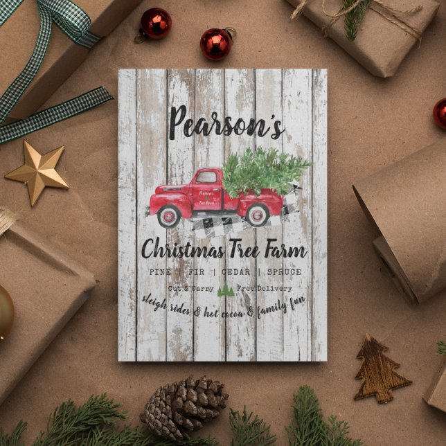 Familienname Weihnachtsbaumfarm 3 Foto Roter LKW (Personalized Family Name Vintage Farmhouse Watercolor red truck Christmas Tree Farm Card, 3 photos)