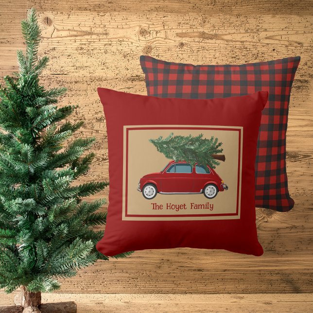 Familienname Weihnachtskissen Rustikal Kariert Kissen (Rustic Christmas, Family Name, Red Throw Pillow)