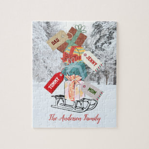 Familienname Winter Schlitten Rustikal Vintage Wei Puzzle