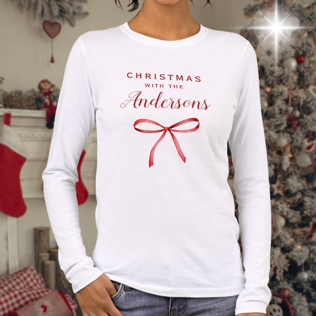 Familienpassender Weihnachtsbogen-Langarm Tri-Blend Shirt (Family matching Christmas long sleeve white tshirt with red bow and custom name "Christmas with the")