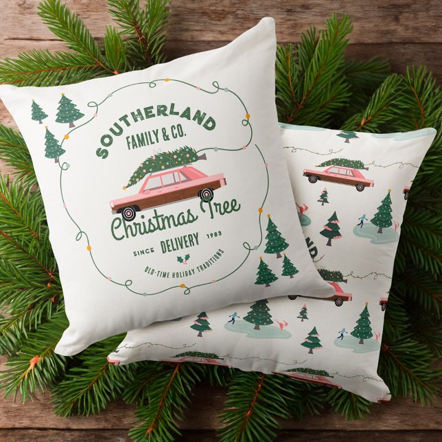 Familienpink Vintage Auto Weihnachtsbaum Lieferung Kissen (Family Pink Vintage Car Christmas Tree Delivery Throw Pillow)