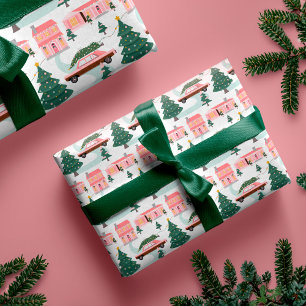 Familienpink Vintage Auto Weihnachtsbaumstadt Geschenkpapier